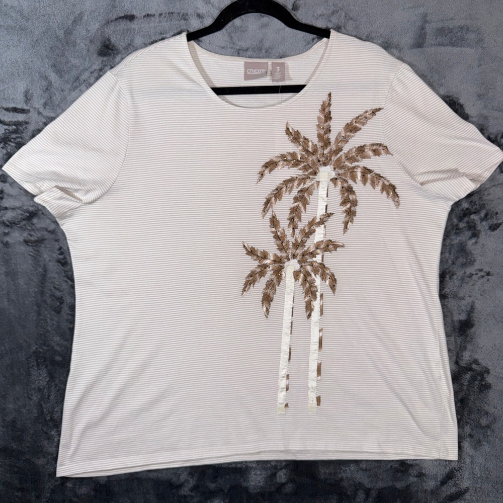 Chicos Palm Stripe Sequin Embroidered Cotton T-Shirt Tan Cream Size 3 XL NEW